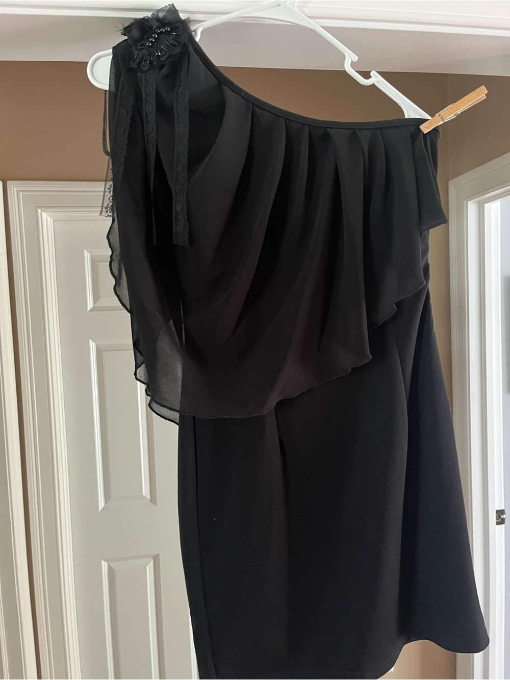Posh Black One-Shoulder Draped Cocktail Dress with Rosette